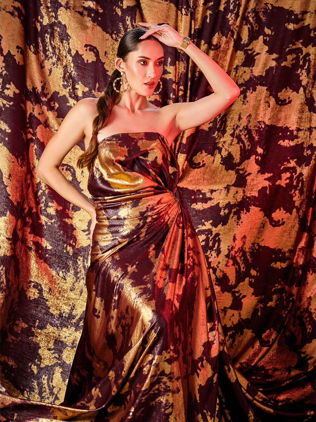 Maroon imported georgette fabric with golden foil print