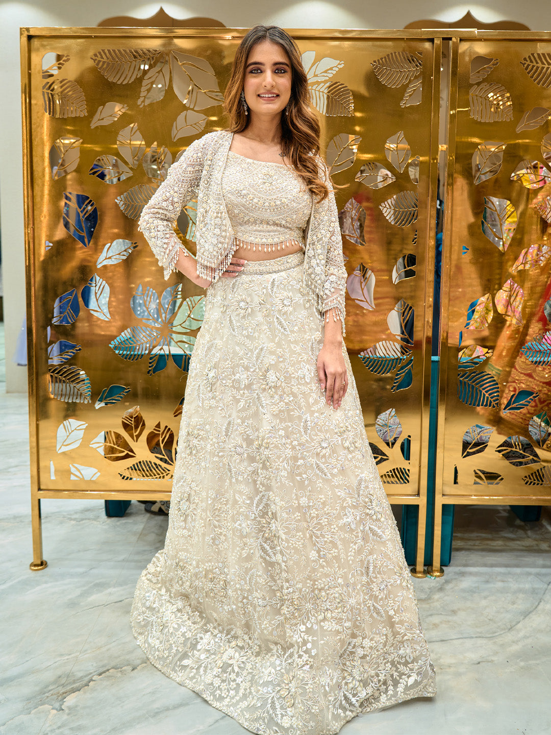 Golden Cream and White Floral Embroidered Lehenga | Wedding saree blouse  designs, Indian bridal dress, Indian outfits lehenga