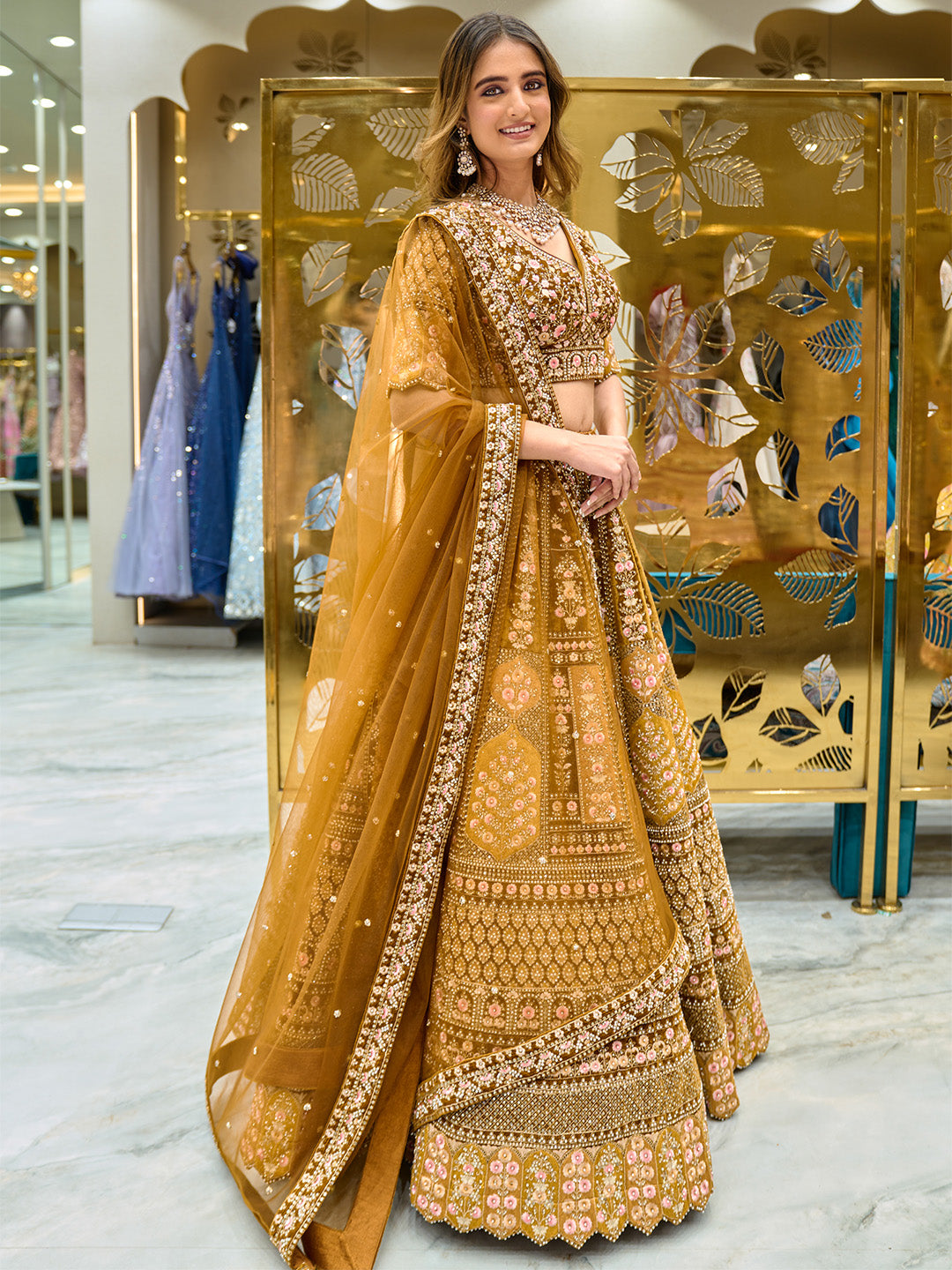 Wedding Wear Semi Stitched Mustard Yellow Organza Lehenga Choli, 2.5 Meter  at Rs 5000 in Surat