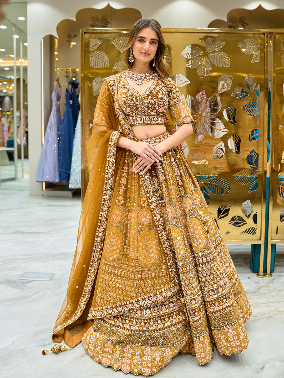 Mustard Yellow Threadwork Bridal Lehenga – Tirumala Designers