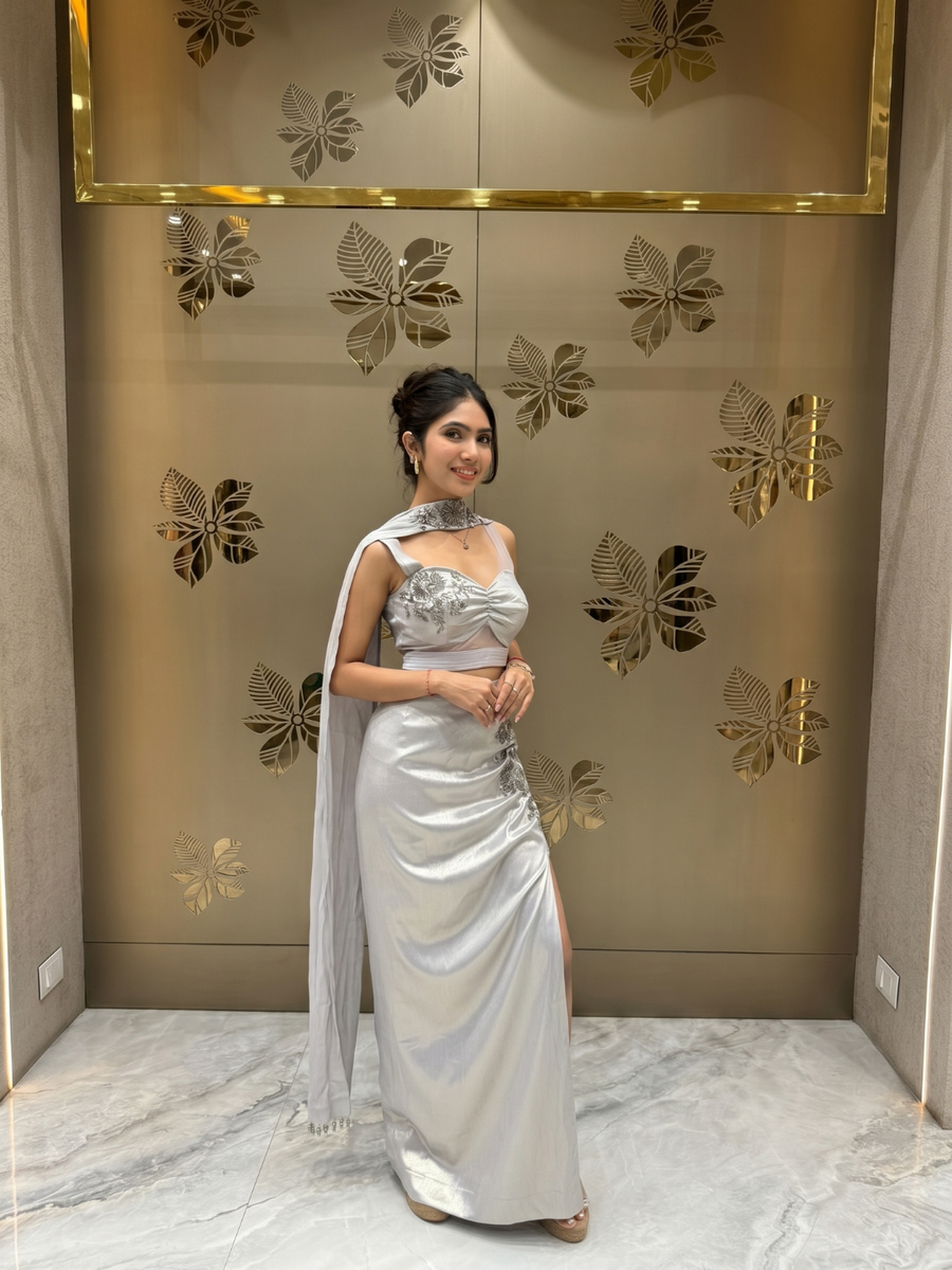 Celeste Silver Drape Gown – Tirumala Designers