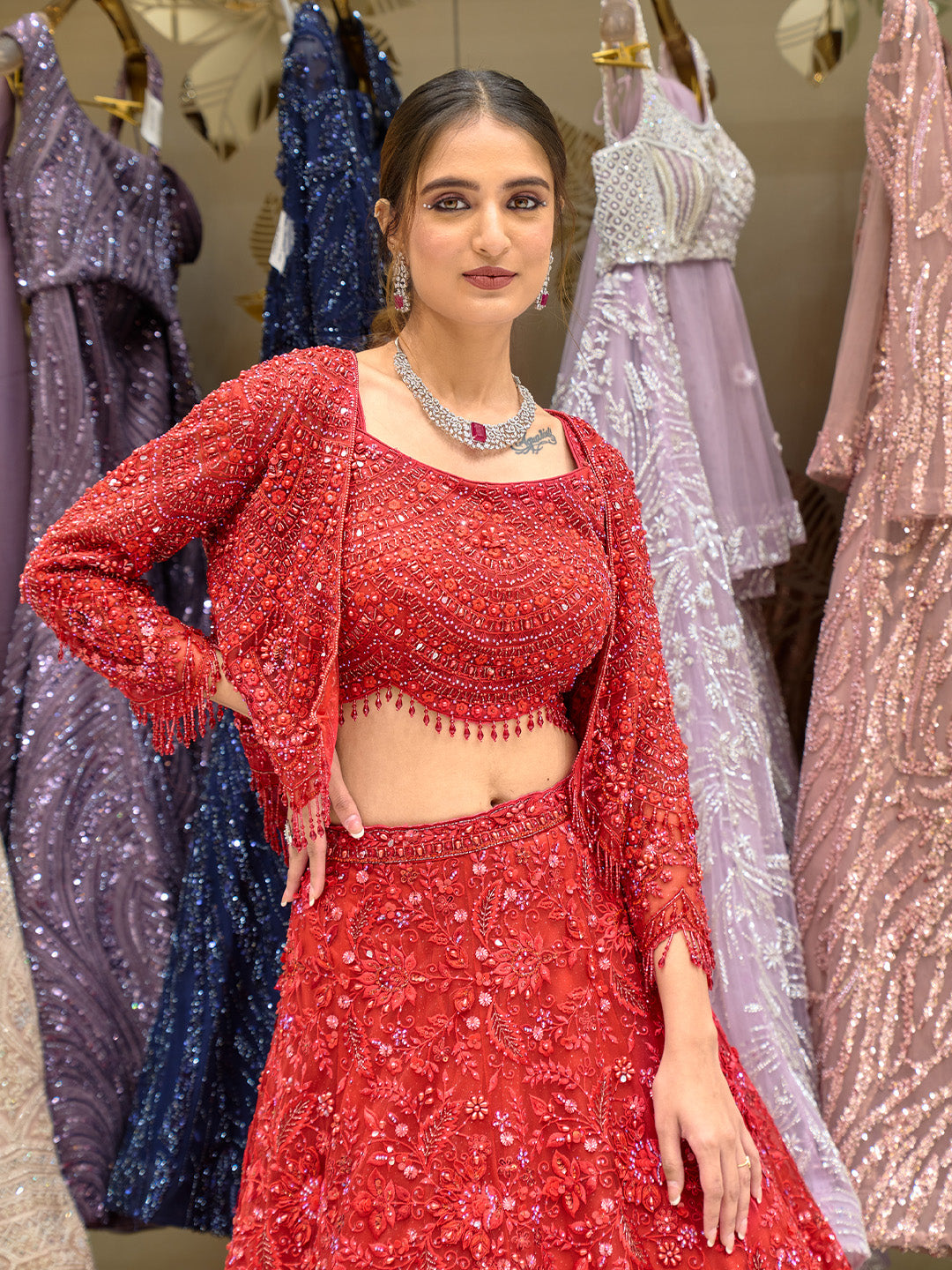 Red Net Lehenga Set