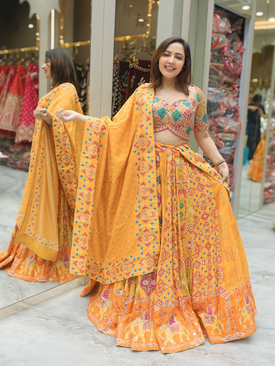 Elegant Silk Floral Print Patola Lehenga With Zari Sequence Embroidery