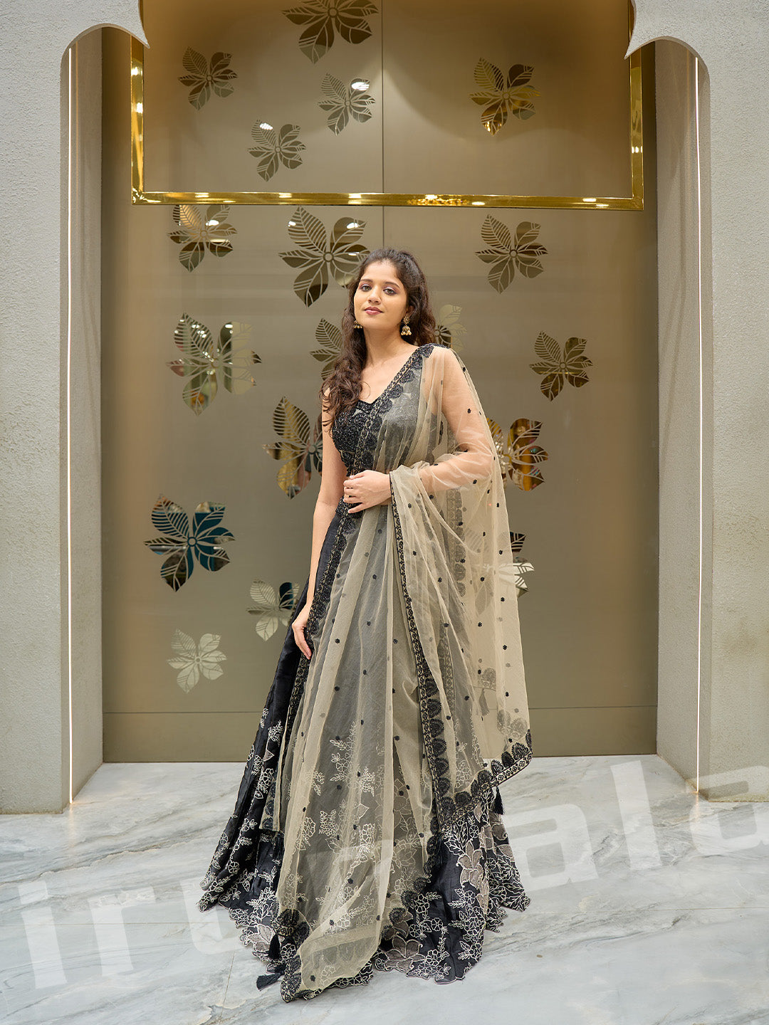 Black Silk Lehenga With Embroidered Choli & Net Dupatta