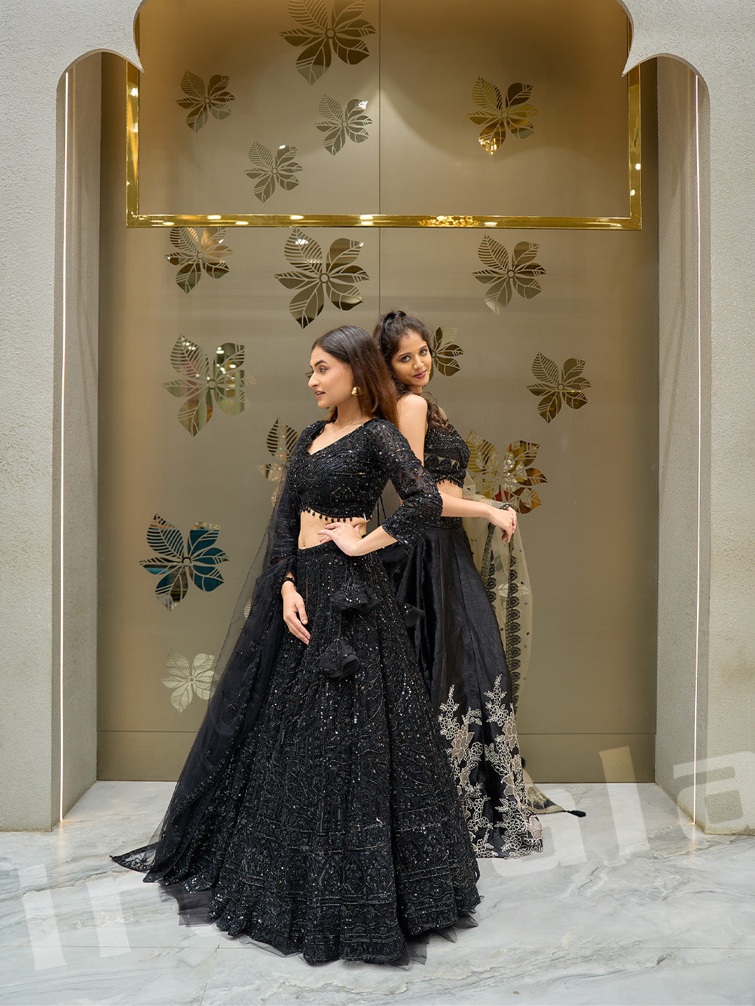 Elegant Black Lehenga Choli With Net Dupatta & Self-Colored Hand Embroidery