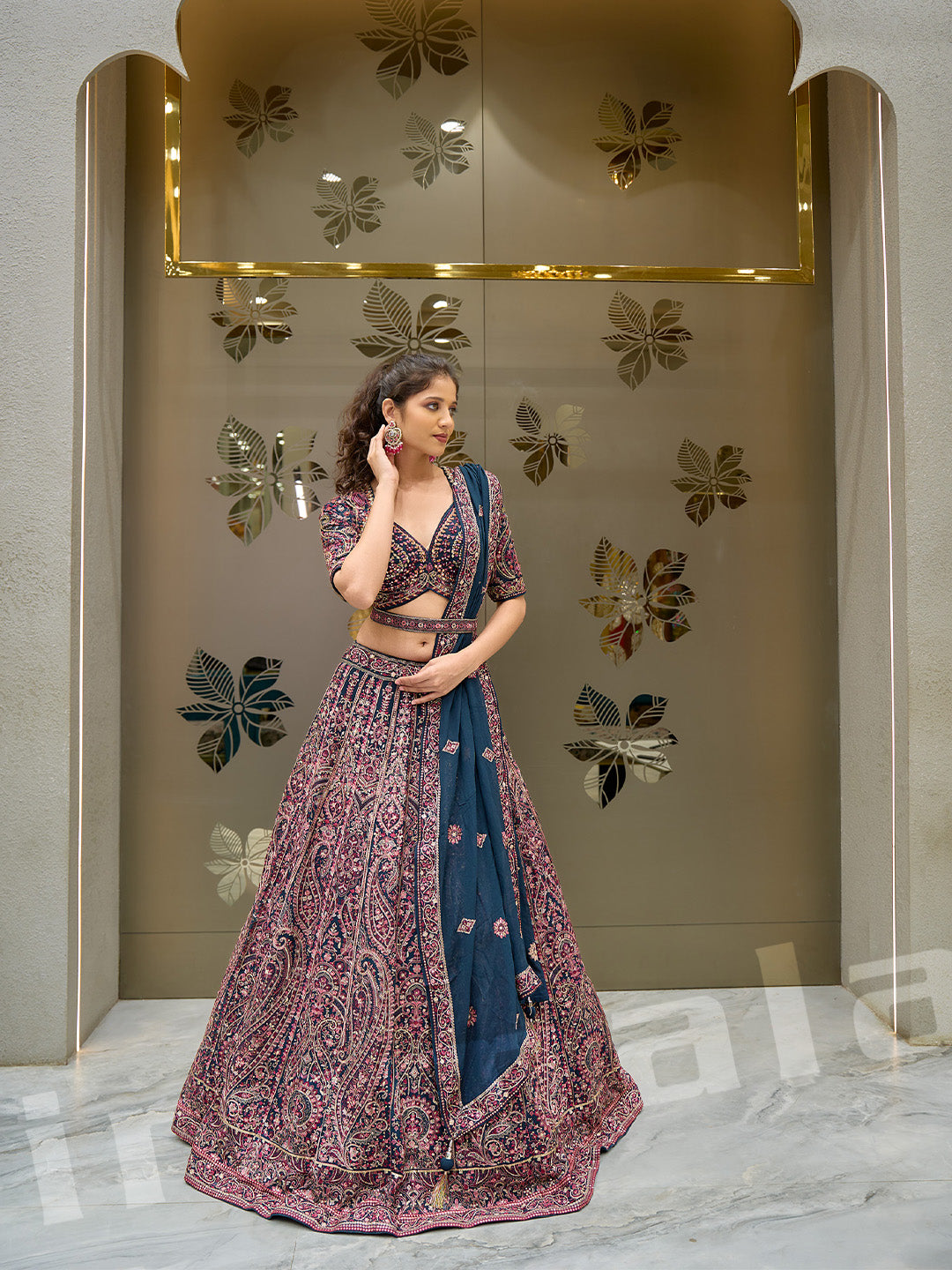 Beige & Teal Lehenga Choli Set