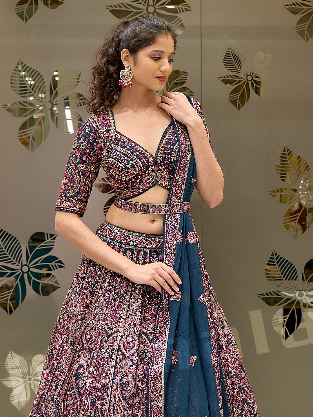 Beige & Teal Lehenga Choli Set