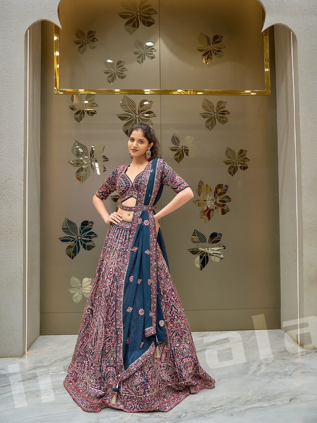 Beige & Teal Lehenga Choli Set