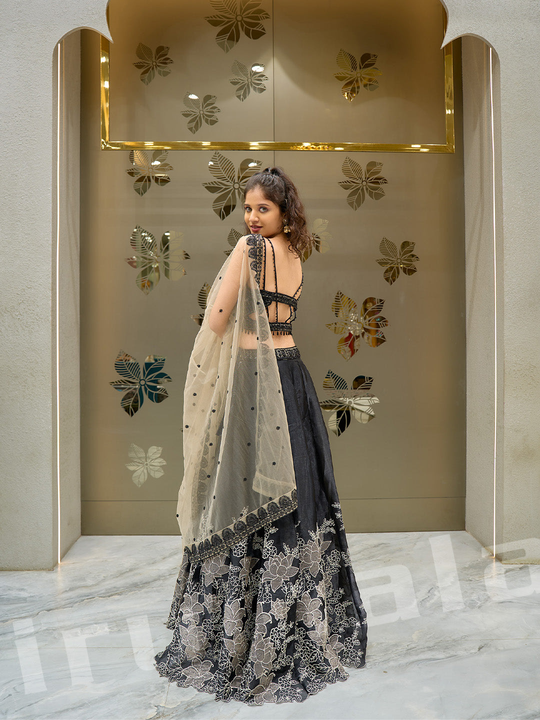 Black Silk Lehenga With Embroidered Choli & Net Dupatta