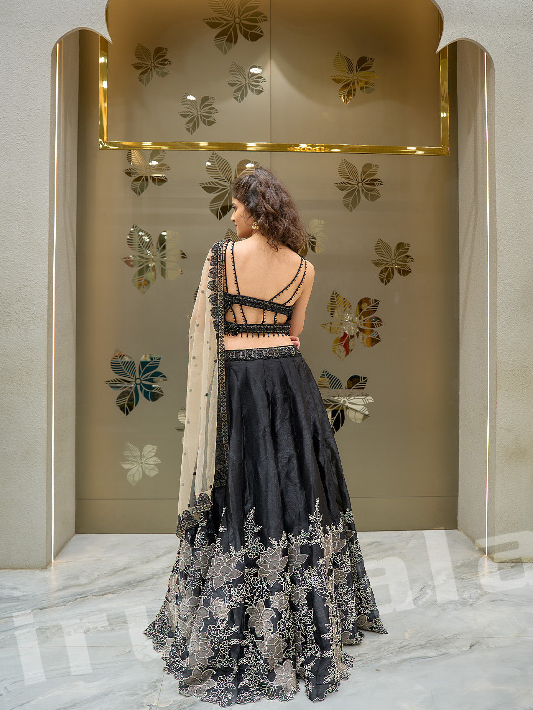 Black Silk Lehenga With Embroidered Choli & Net Dupatta