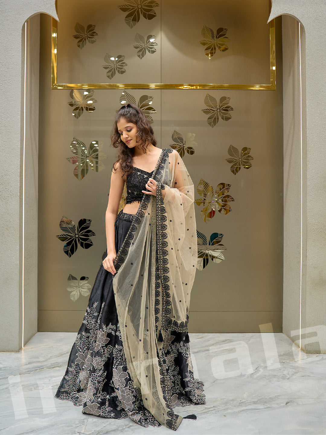 Black Silk Lehenga With Embroidered Choli & Net Dupatta