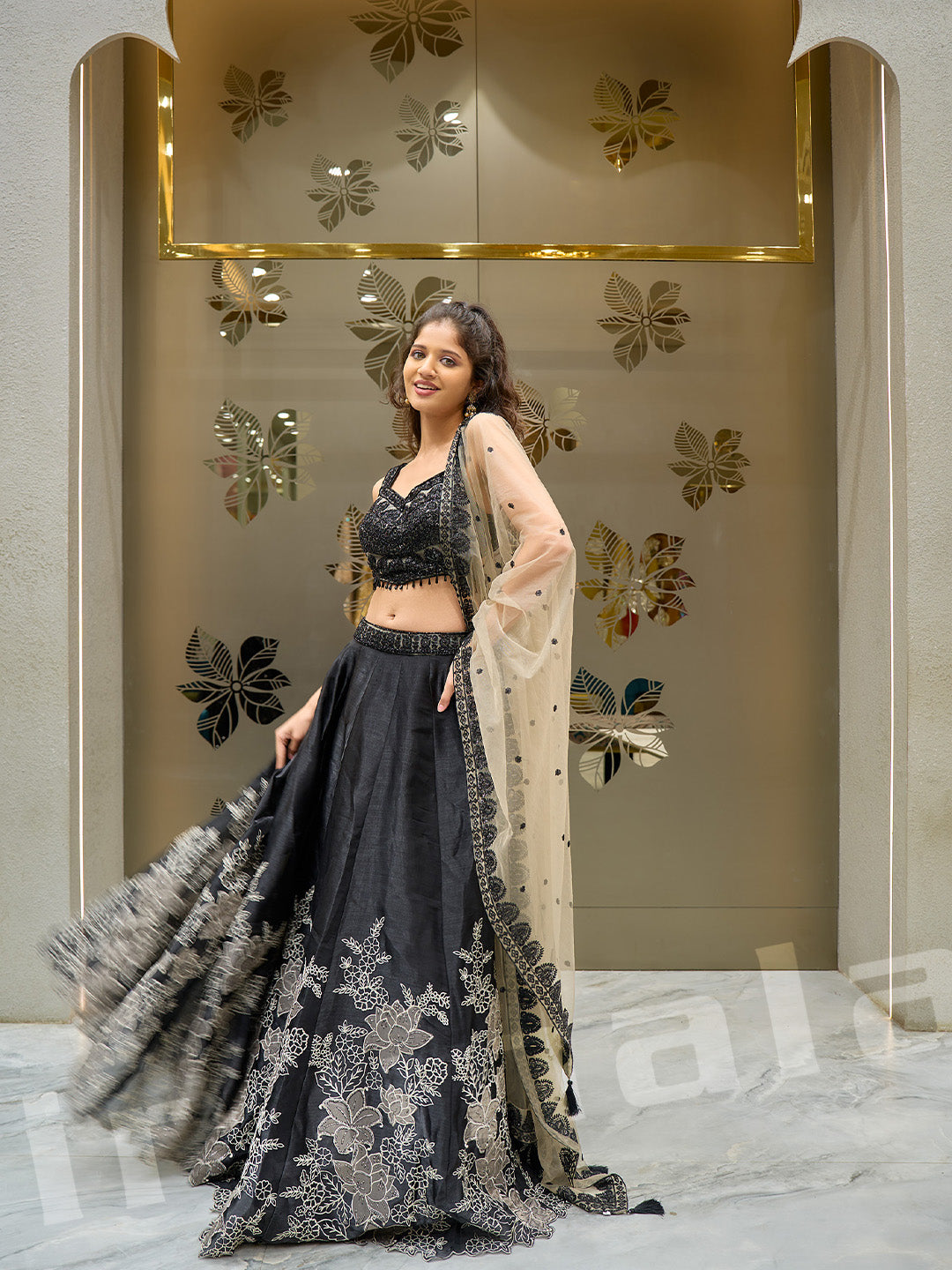 Black Silk Lehenga With Embroidered Choli & Net Dupatta