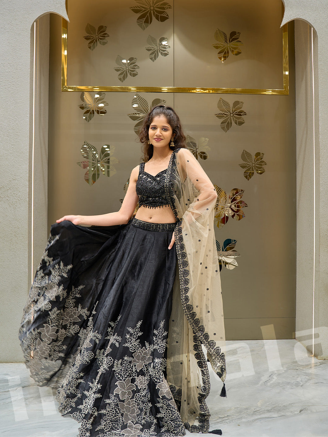 Black Silk Lehenga With Embroidered Choli & Net Dupatta