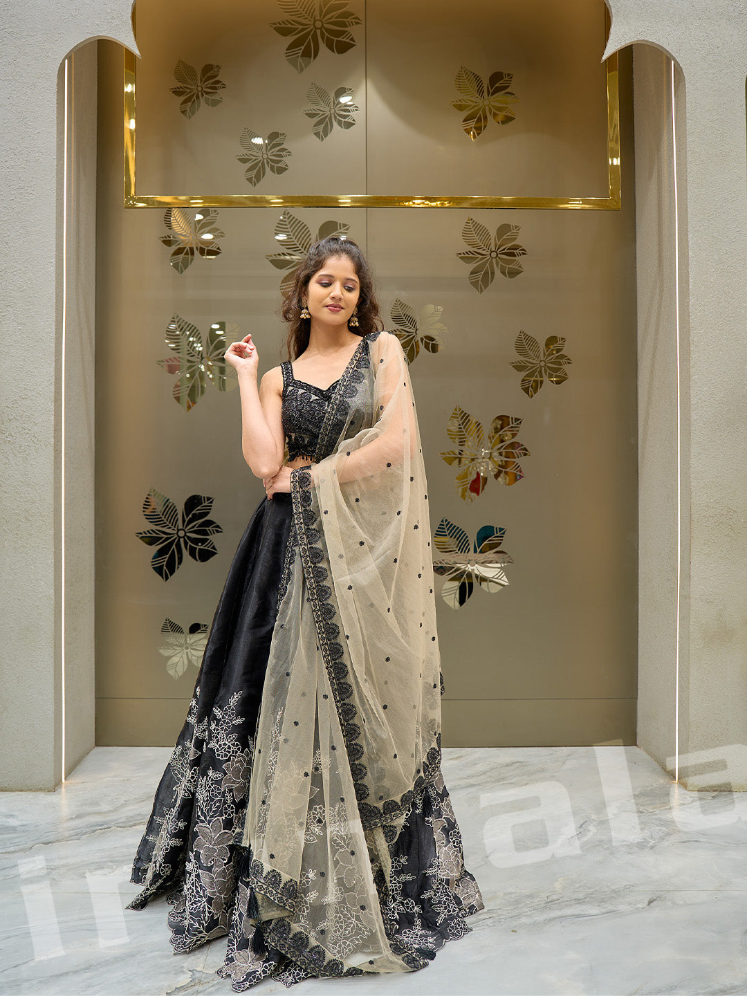 Black Silk Lehenga With Embroidered Choli & Net Dupatta