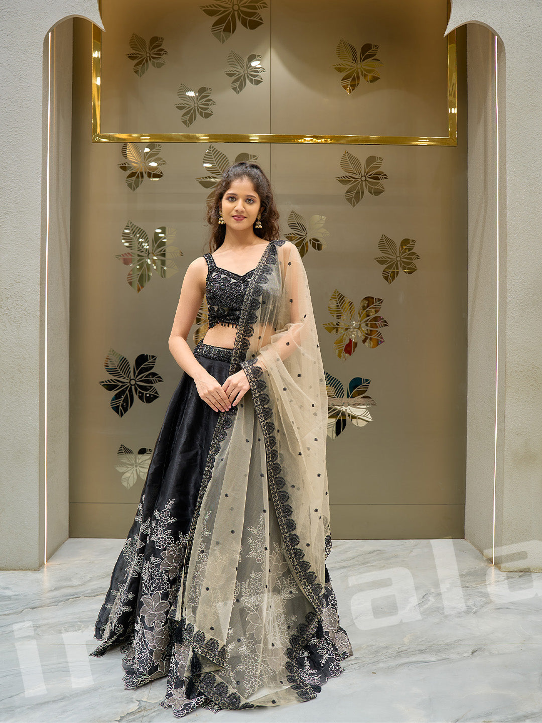 Black Silk Lehenga With Embroidered Choli & Net Dupatta