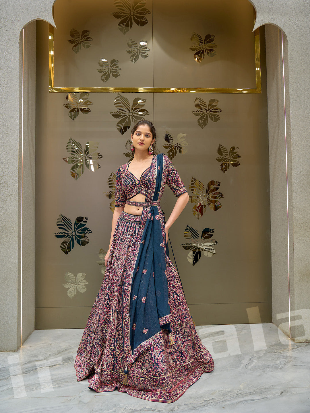 Beige & Teal Lehenga Choli Set