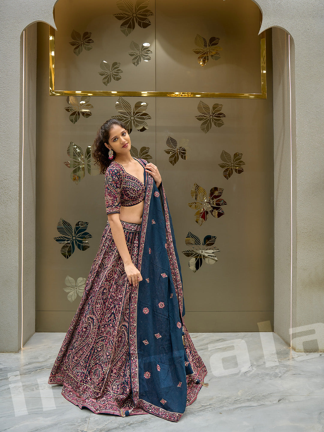 Beige & Teal Lehenga Choli Set