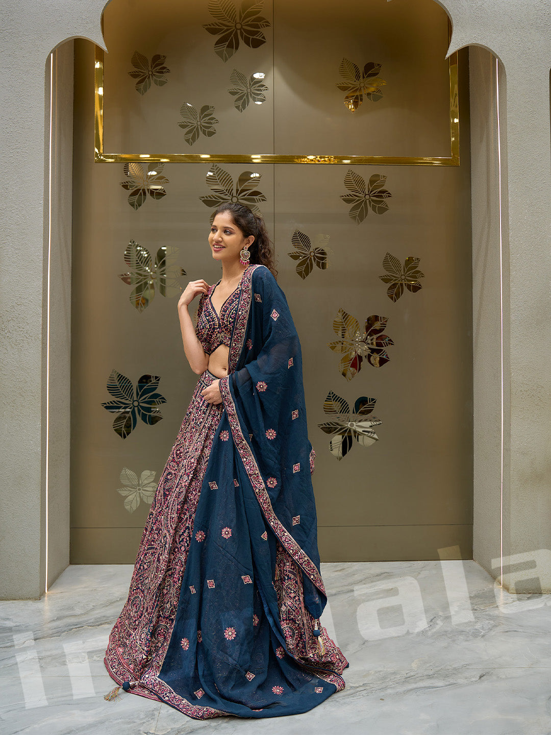 Beige & Teal Lehenga Choli Set