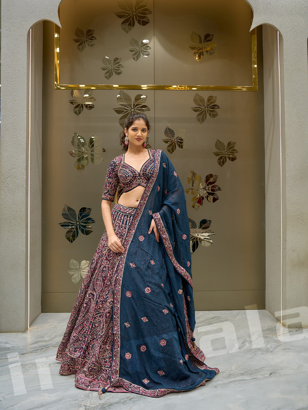 Beige & Teal Lehenga Choli Set