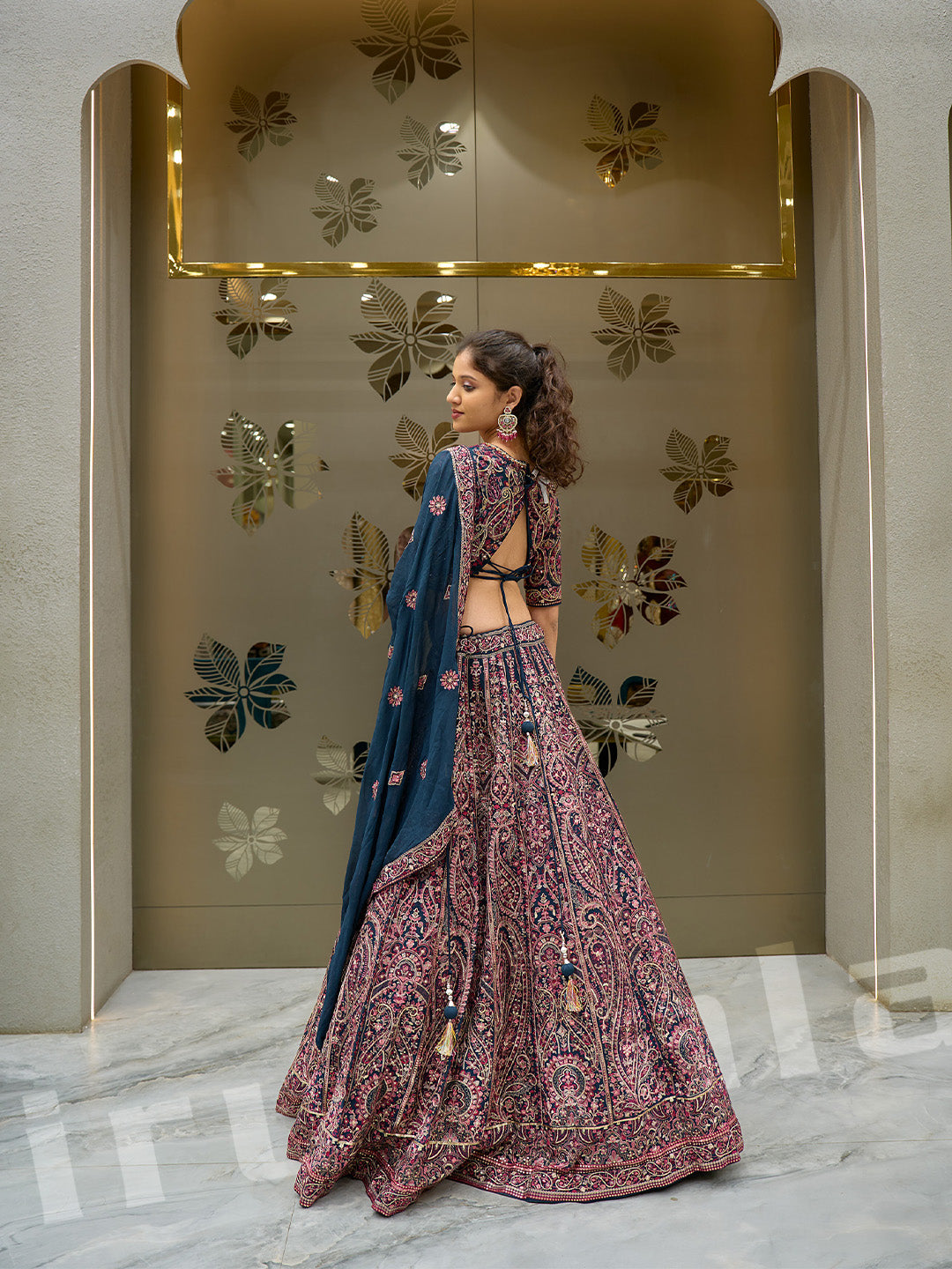 Beige & Teal Lehenga Choli Set