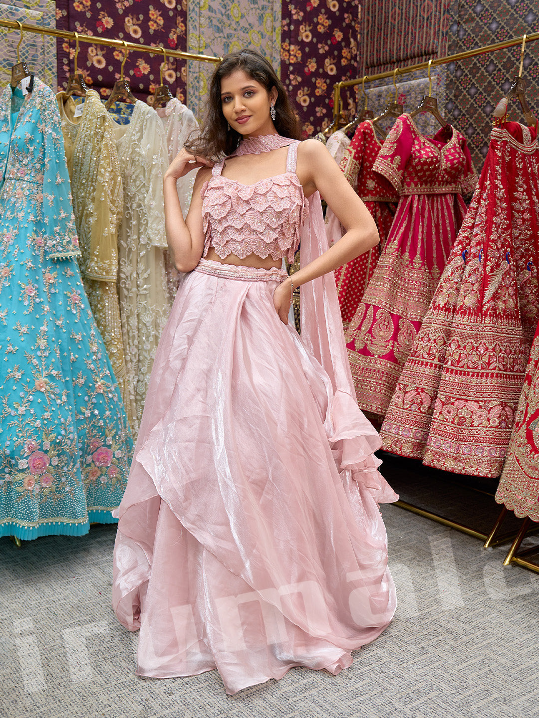 Baby Pink Tissue Lehenga With 3D Hand Embroidery & Choker Dupatta