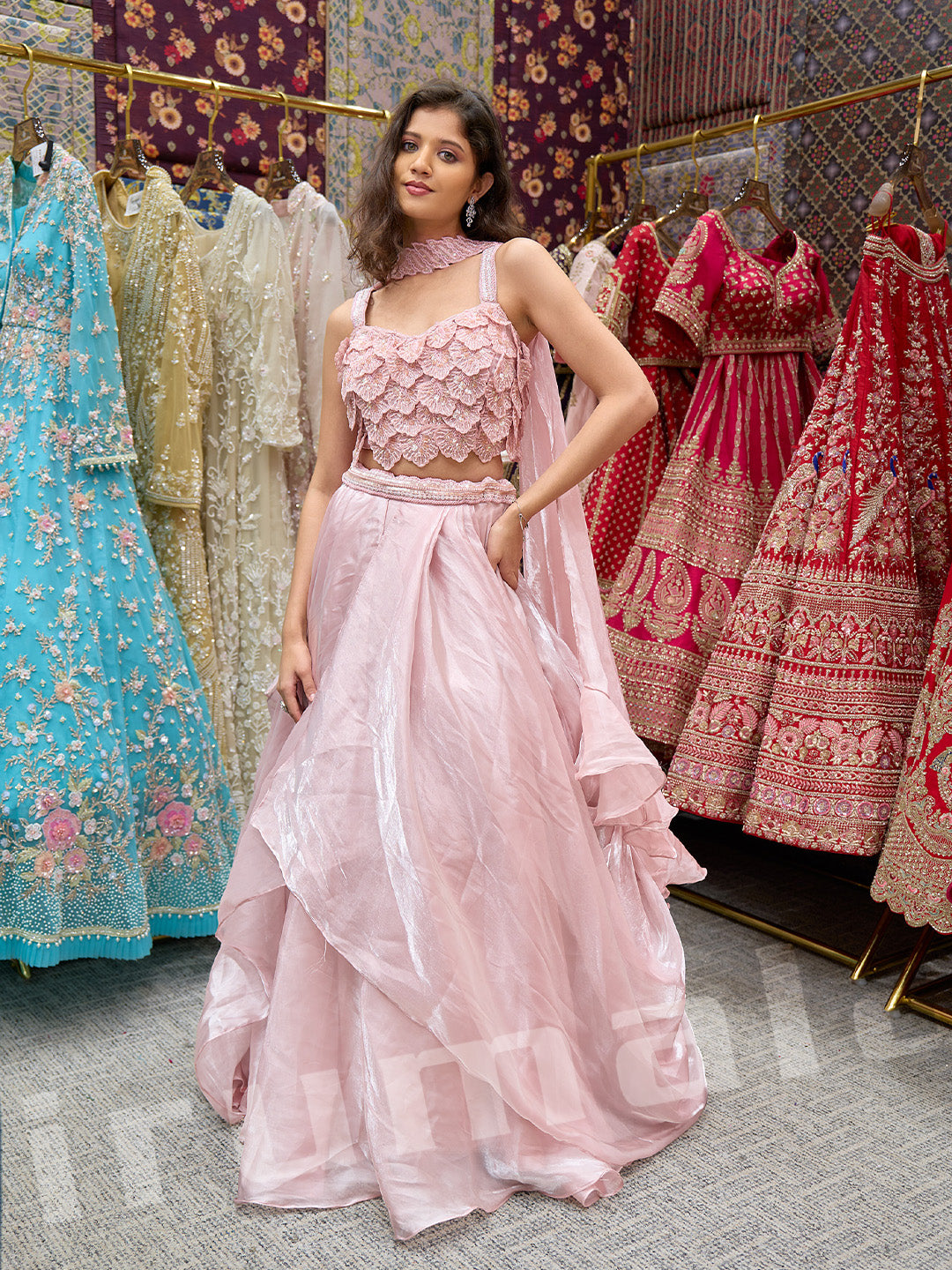 Baby Pink Tissue Lehenga With 3D Hand Embroidery & Choker Dupatta