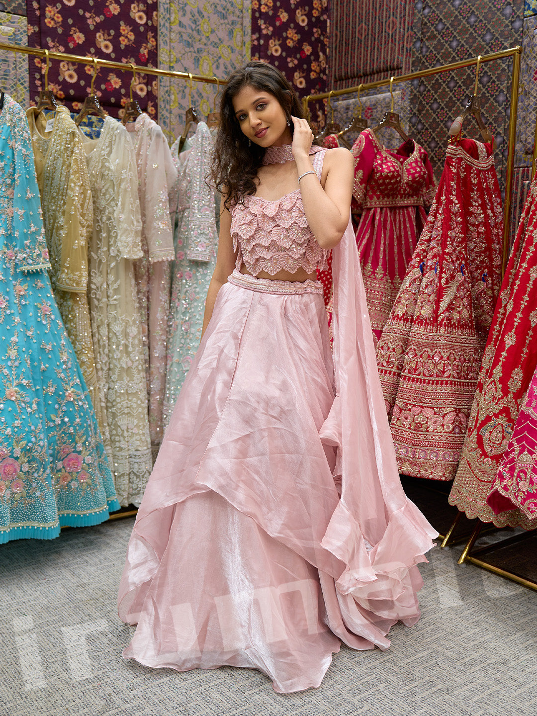 Baby Pink Tissue Lehenga With 3D Hand Embroidery & Choker Dupatta