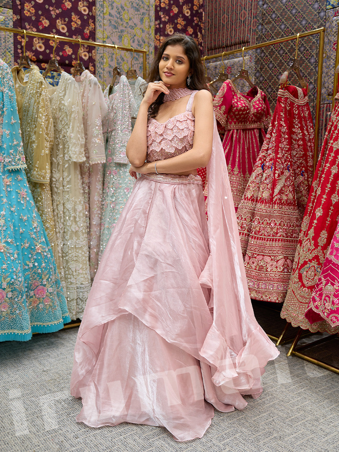 Baby Pink Tissue Lehenga With 3D Hand Embroidery & Choker Dupatta