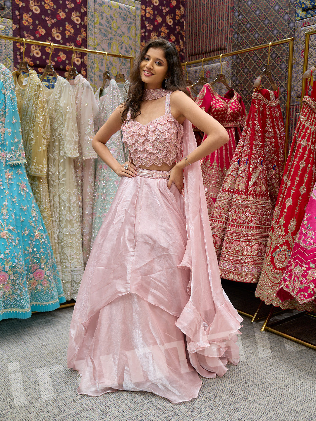 Baby Pink Tissue Lehenga With 3D Hand Embroidery & Choker Dupatta