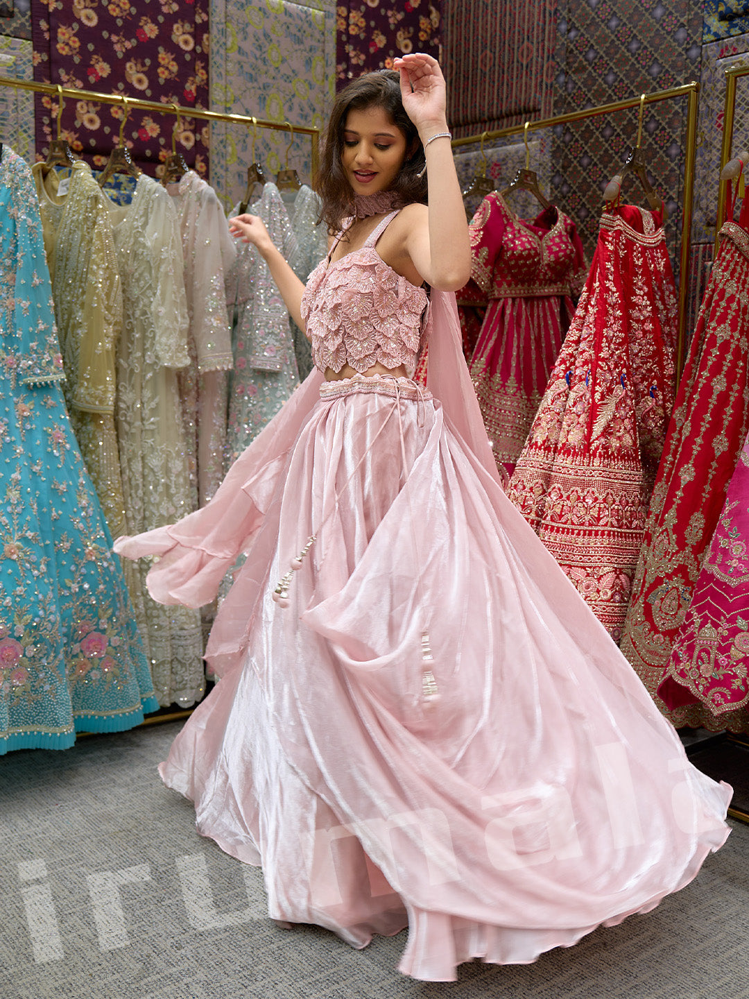 Baby Pink Tissue Lehenga With 3D Hand Embroidery & Choker Dupatta