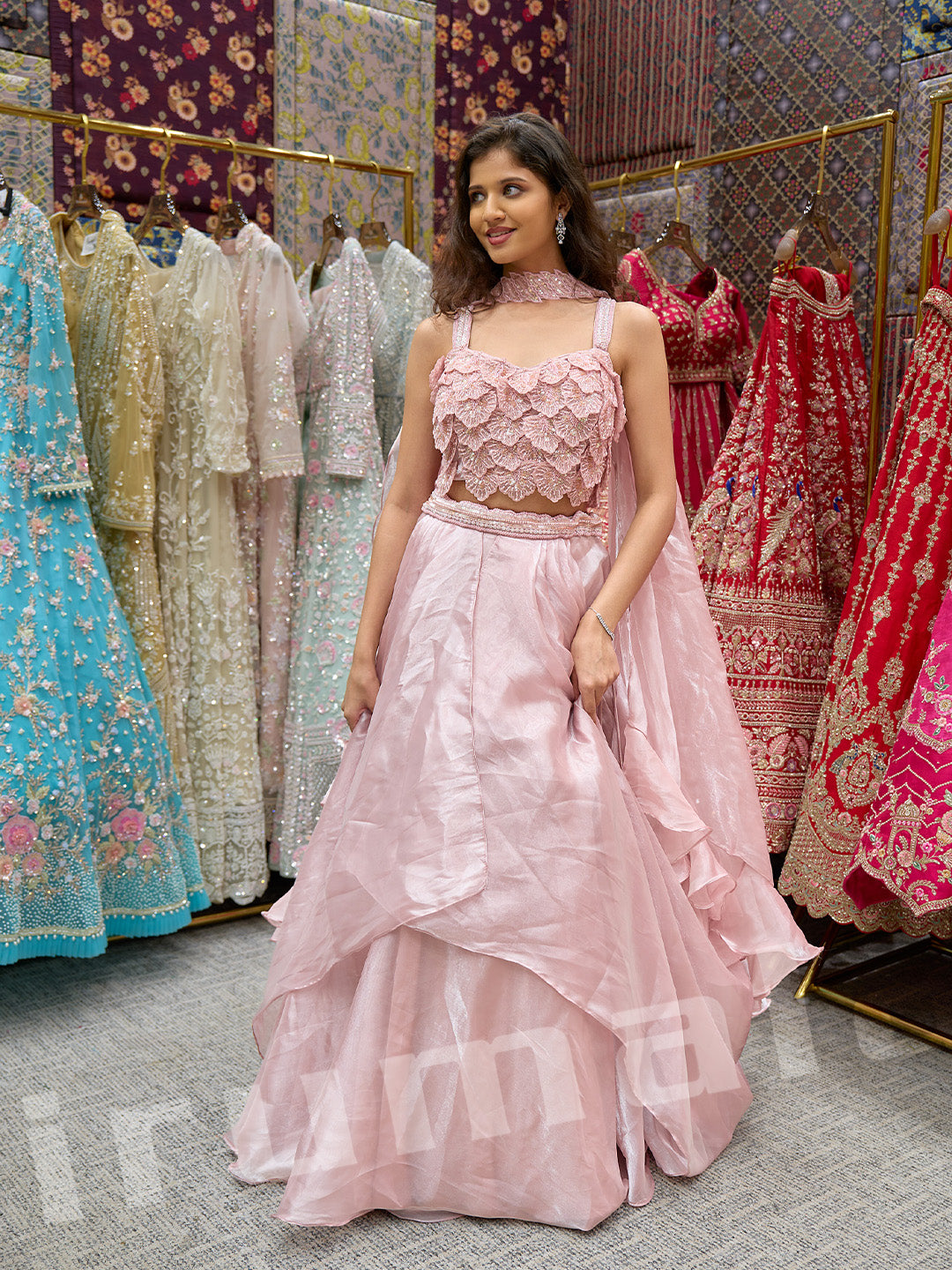 Baby Pink Tissue Lehenga With 3D Hand Embroidery & Choker Dupatta