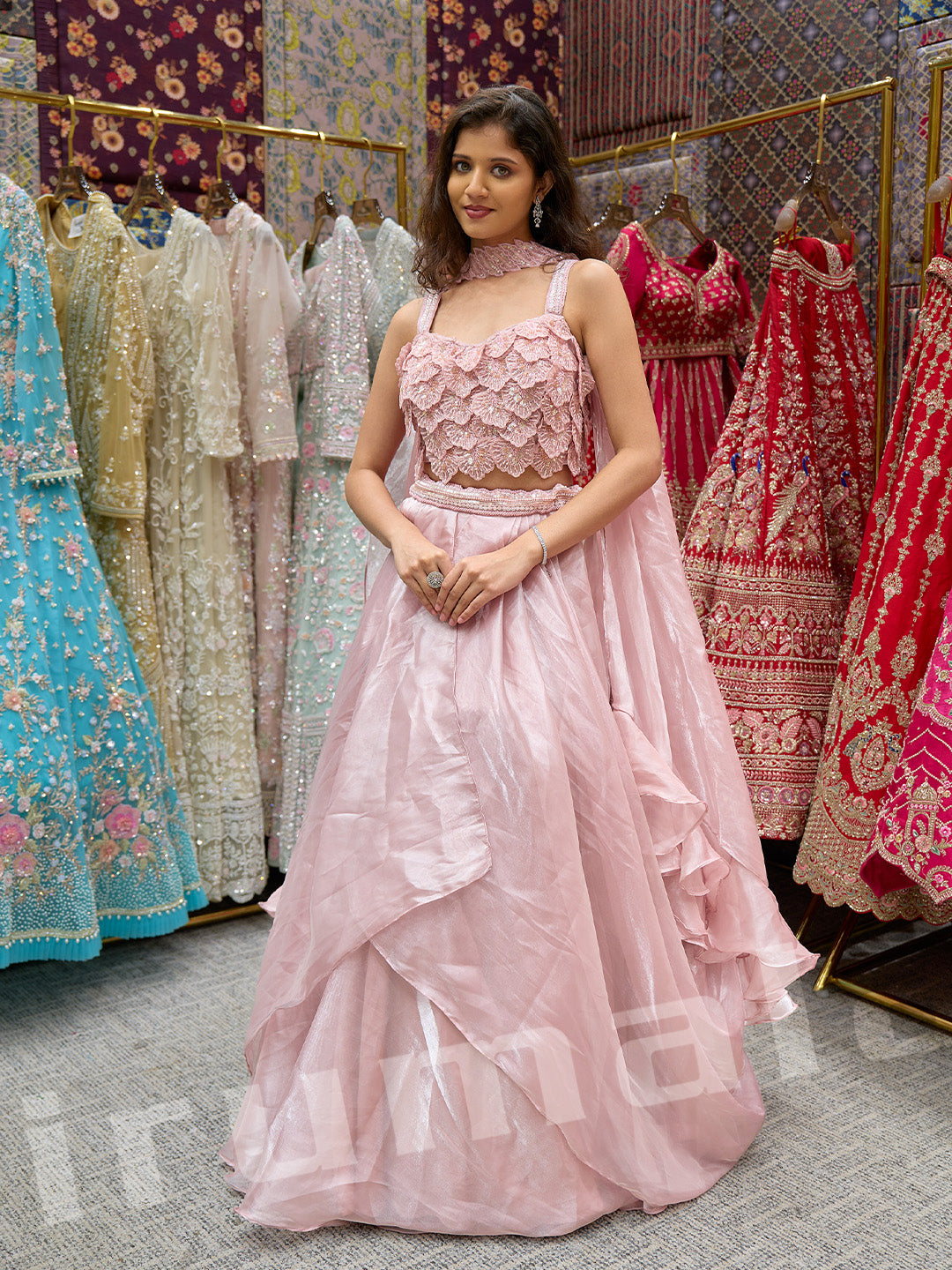 Baby Pink Tissue Lehenga With 3D Hand Embroidery & Choker Dupatta