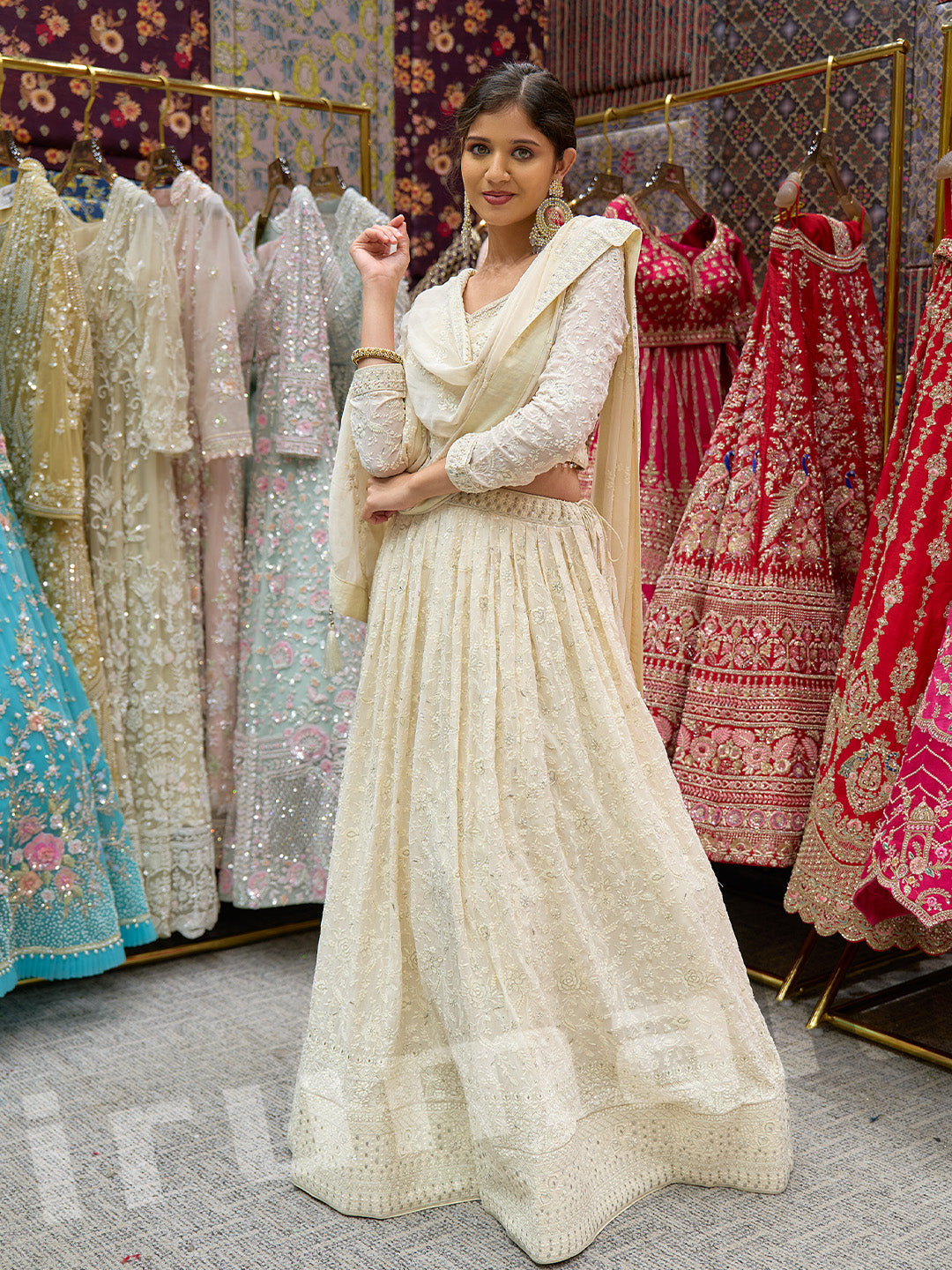 Ivory Machine-Embroidered Lehenga Choli With Handcrafted Details