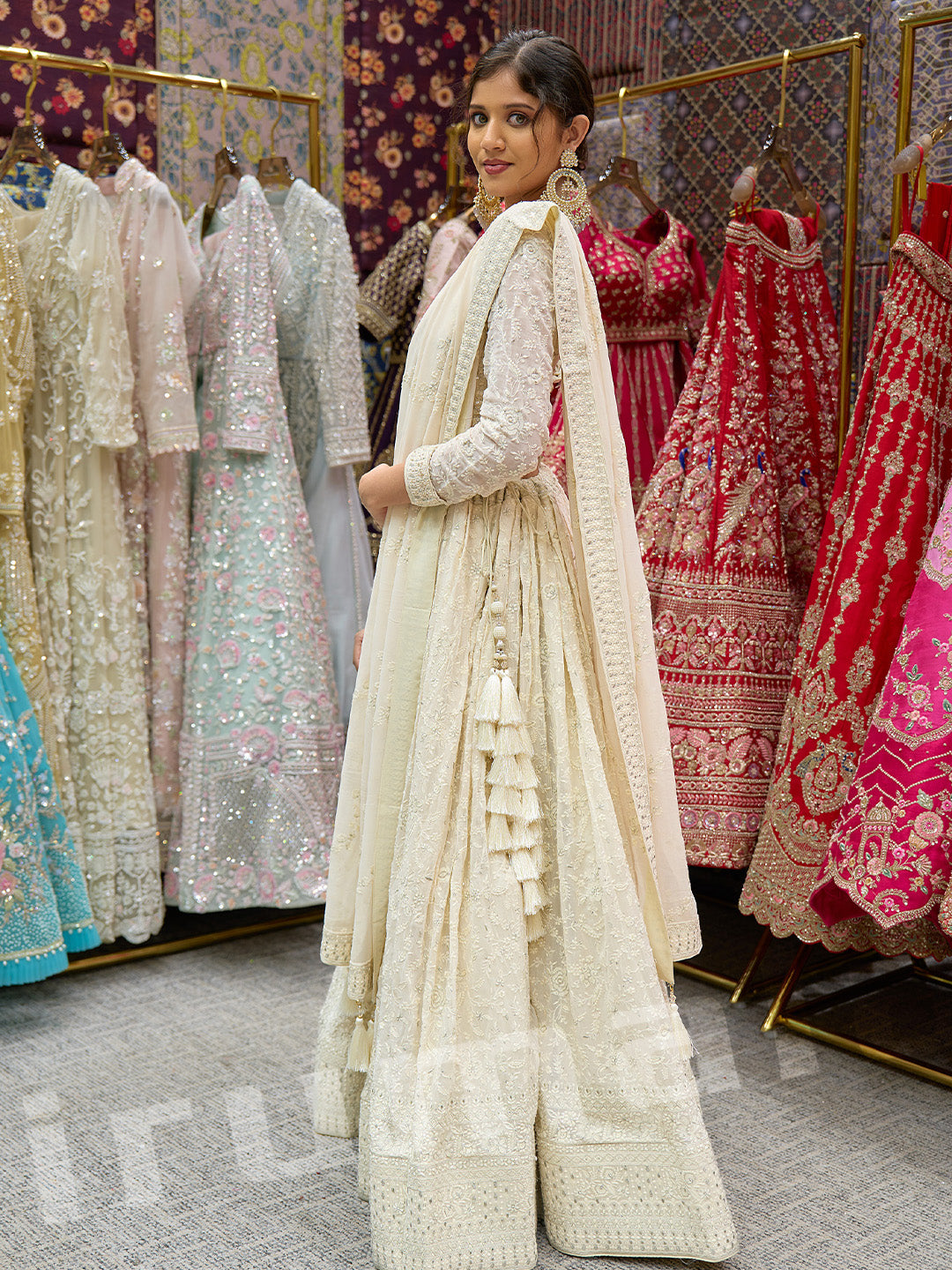 Ivory Machine-Embroidered Lehenga Choli With Handcrafted Details