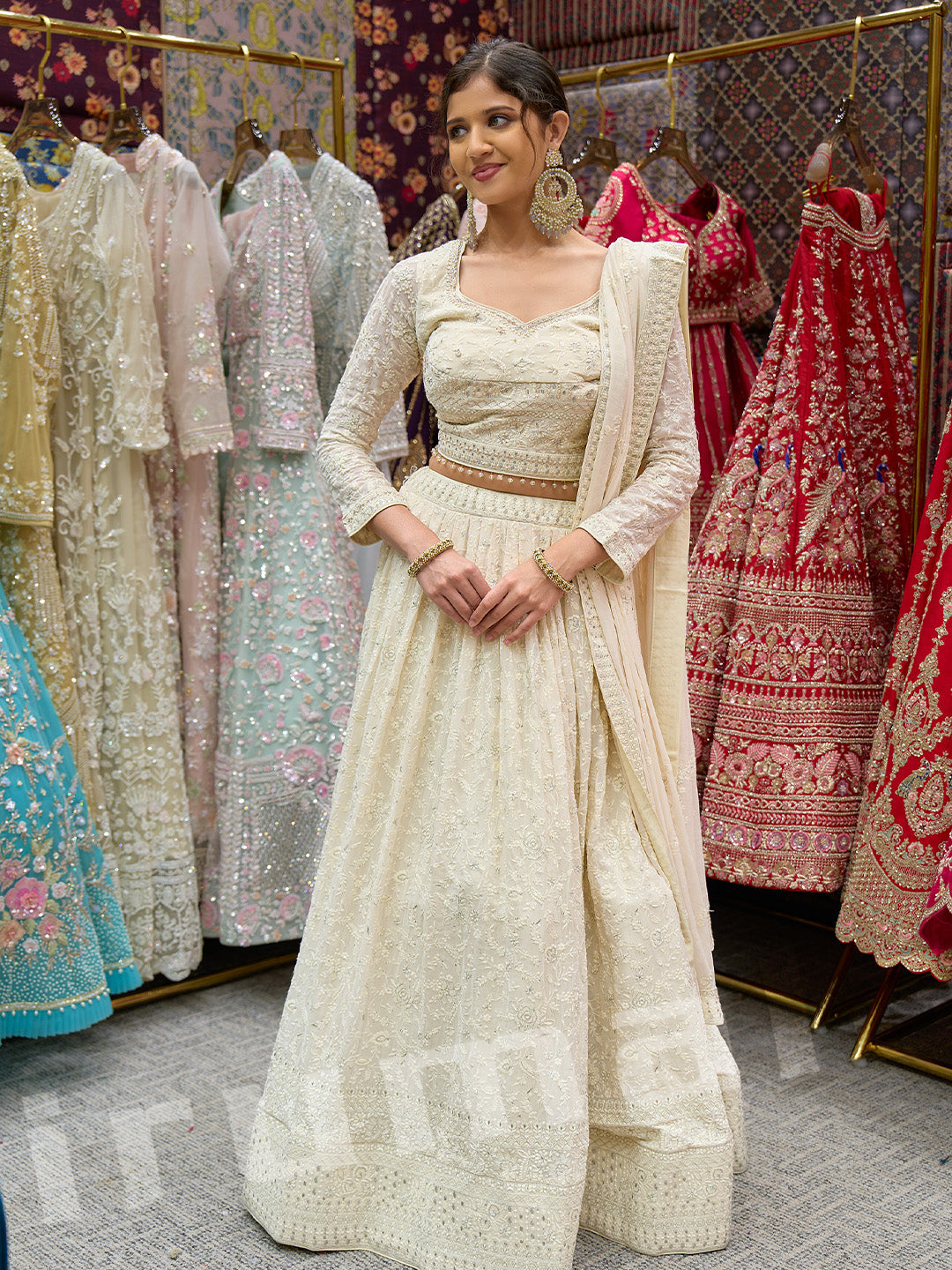 Ivory Machine-Embroidered Lehenga Choli With Handcrafted Details