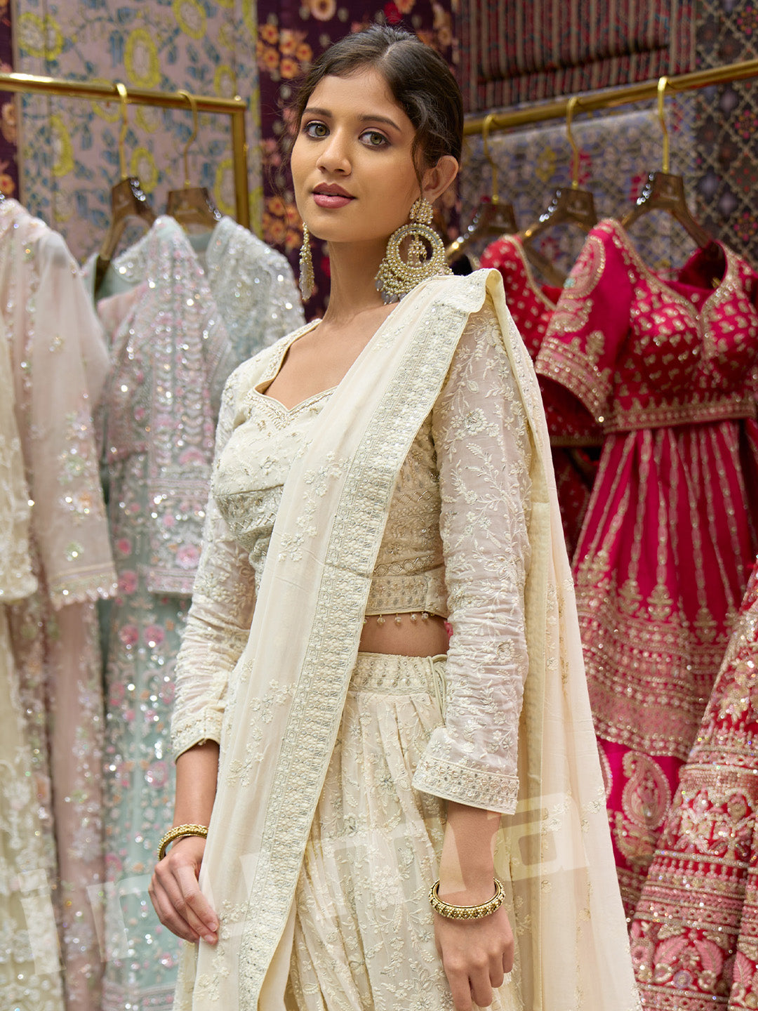 Ivory Machine-Embroidered Lehenga Choli With Handcrafted Details