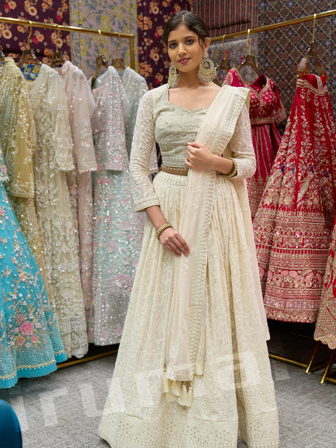 Ivory Machine-Embroidered Lehenga Choli With Handcrafted Details