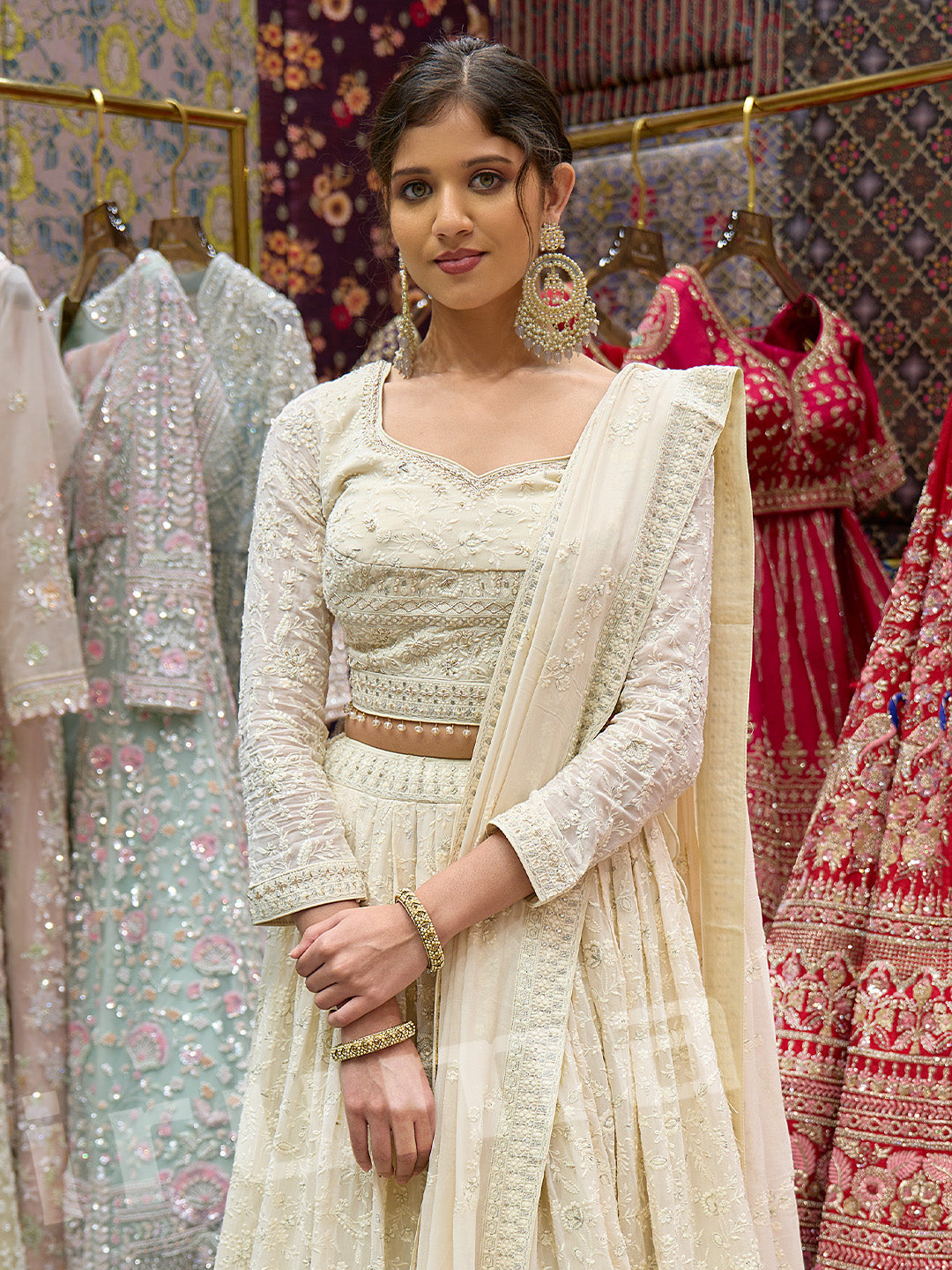 Ivory Machine-Embroidered Lehenga Choli With Handcrafted Details