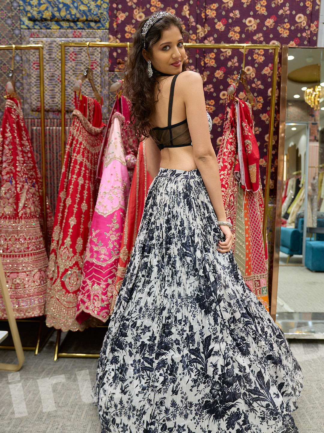 Black & White Printed Lehenga With Hand-Embroidered Jacket & Pearl Detailing