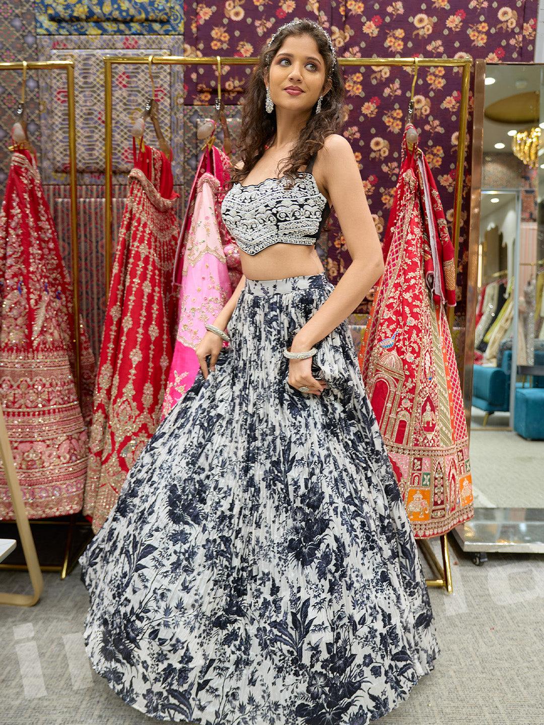 Black & White Printed Lehenga With Hand-Embroidered Jacket & Pearl Detailing