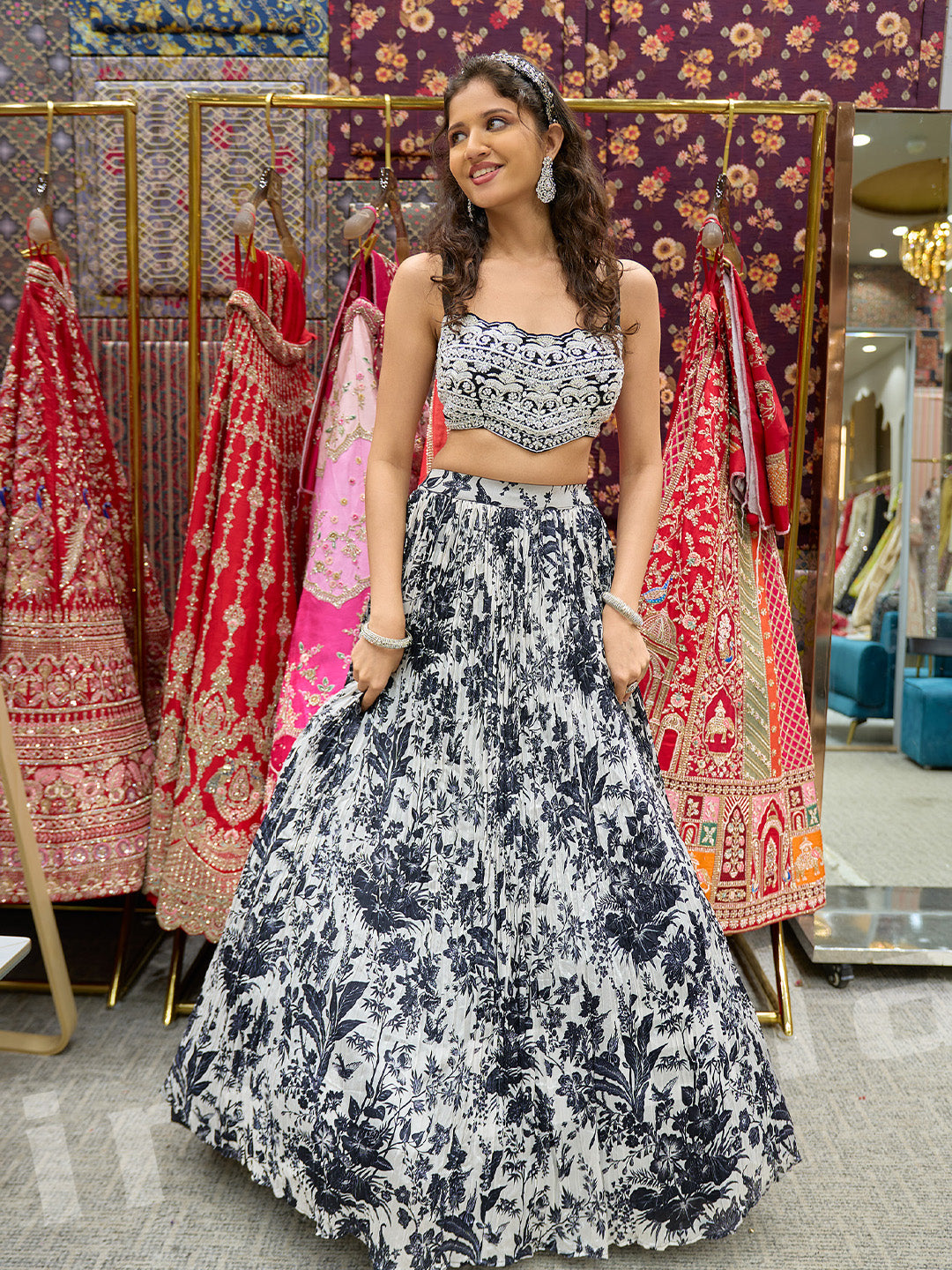 Black & White Printed Lehenga With Hand-Embroidered Jacket & Pearl Detailing