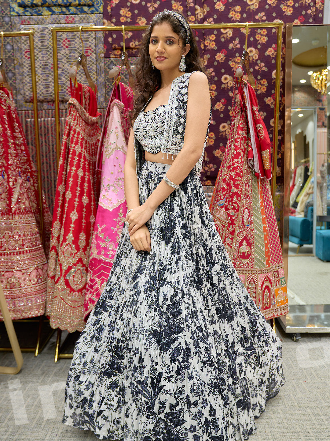 Black & White Printed Lehenga With Hand-Embroidered Jacket & Pearl Detailing