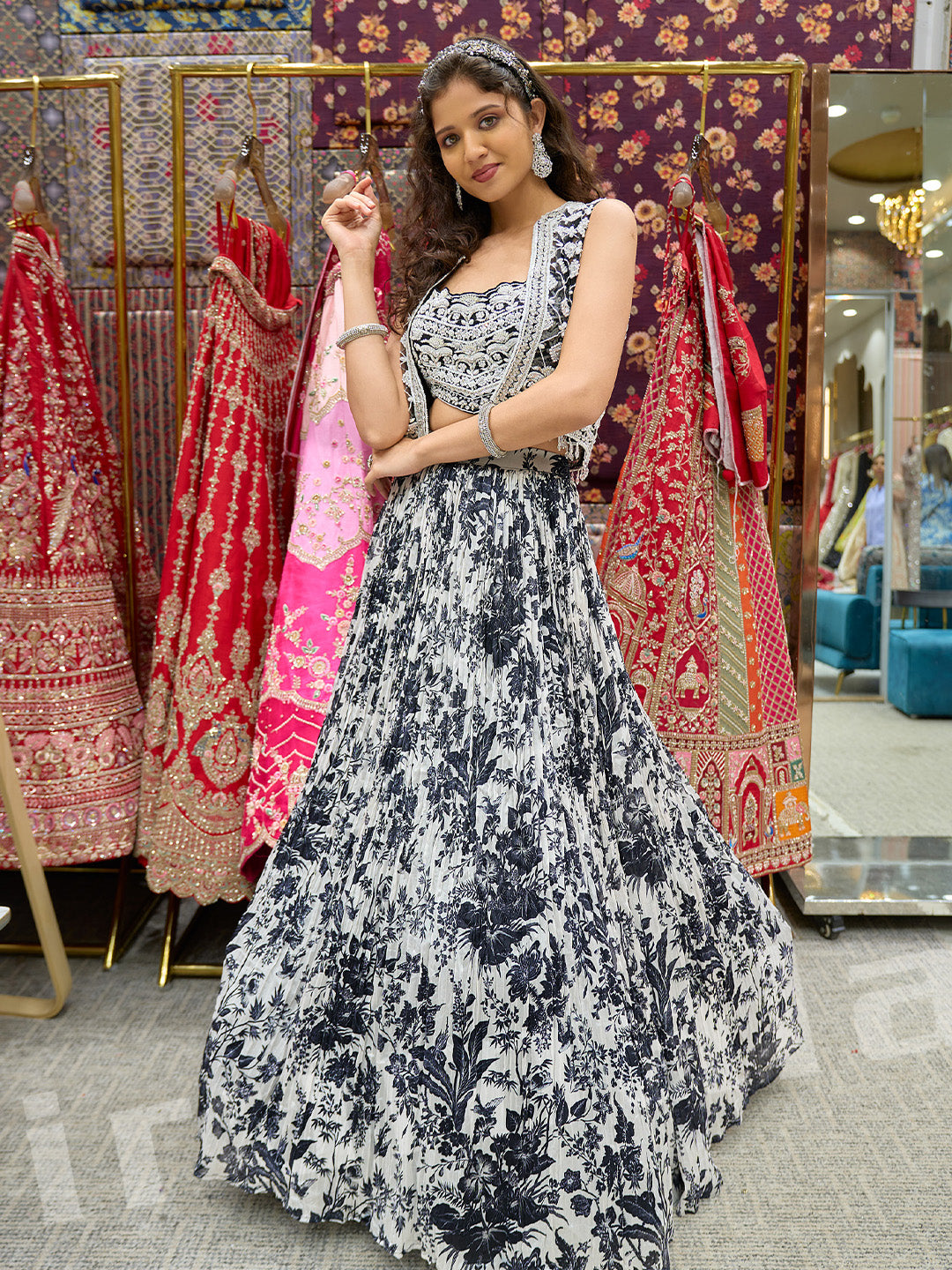 Black & White Printed Lehenga With Hand-Embroidered Jacket & Pearl Detailing