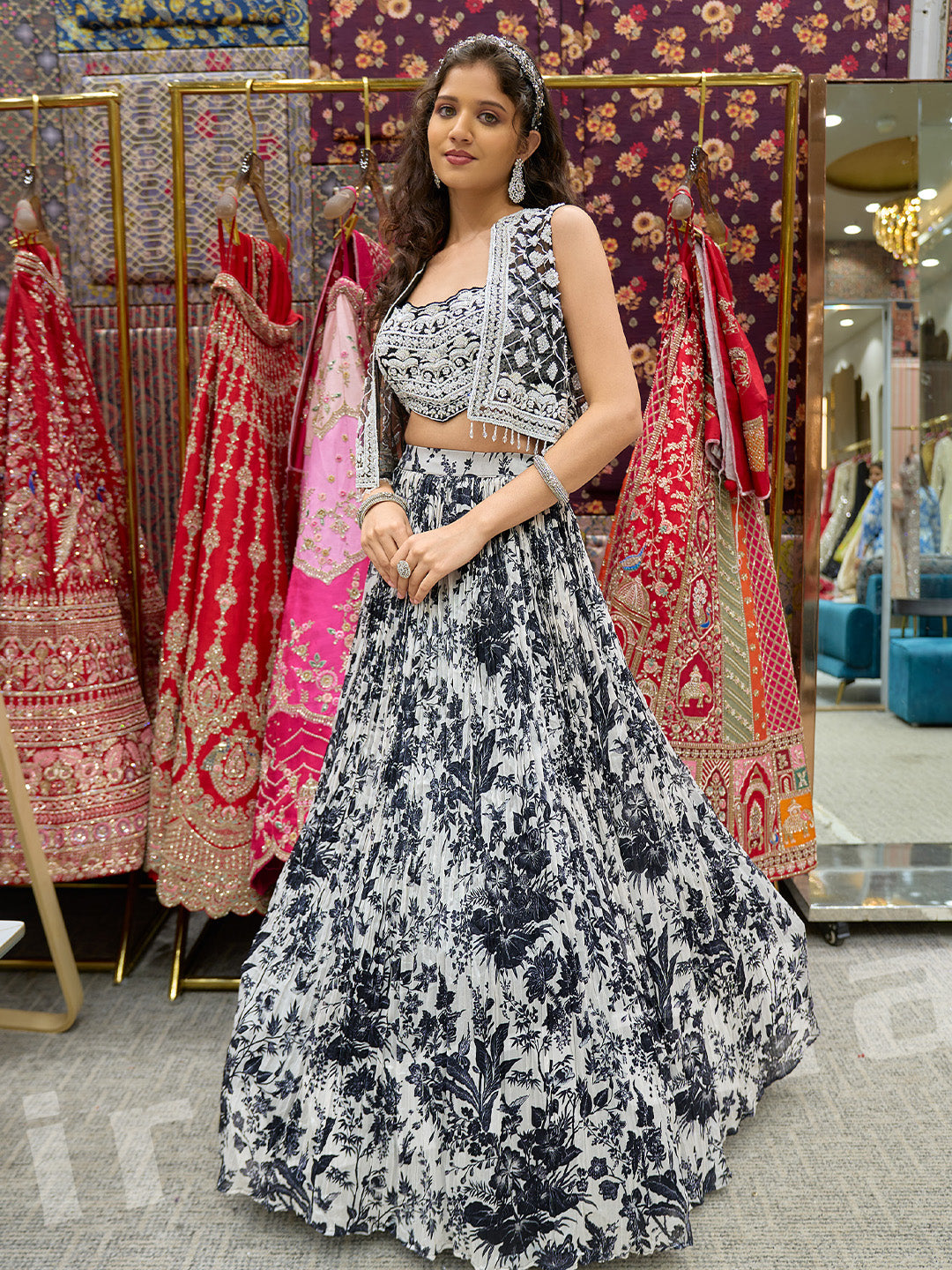 Black & White Printed Lehenga With Hand-Embroidered Jacket & Pearl Detailing