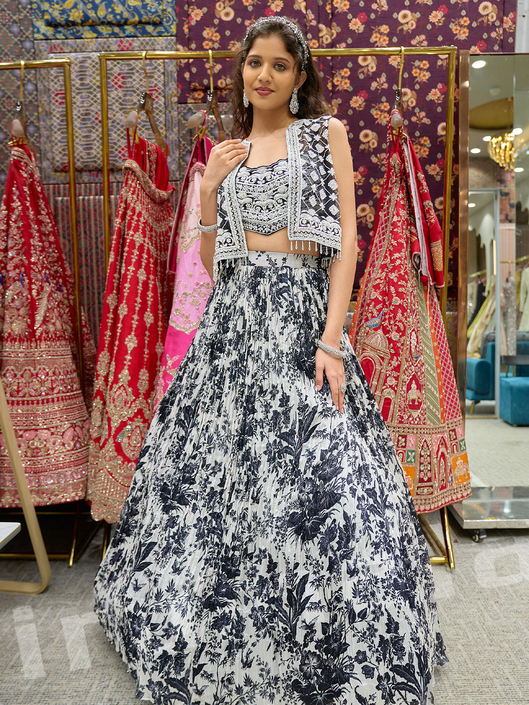 Black & White Printed Lehenga With Hand-Embroidered Jacket & Pearl Detailing