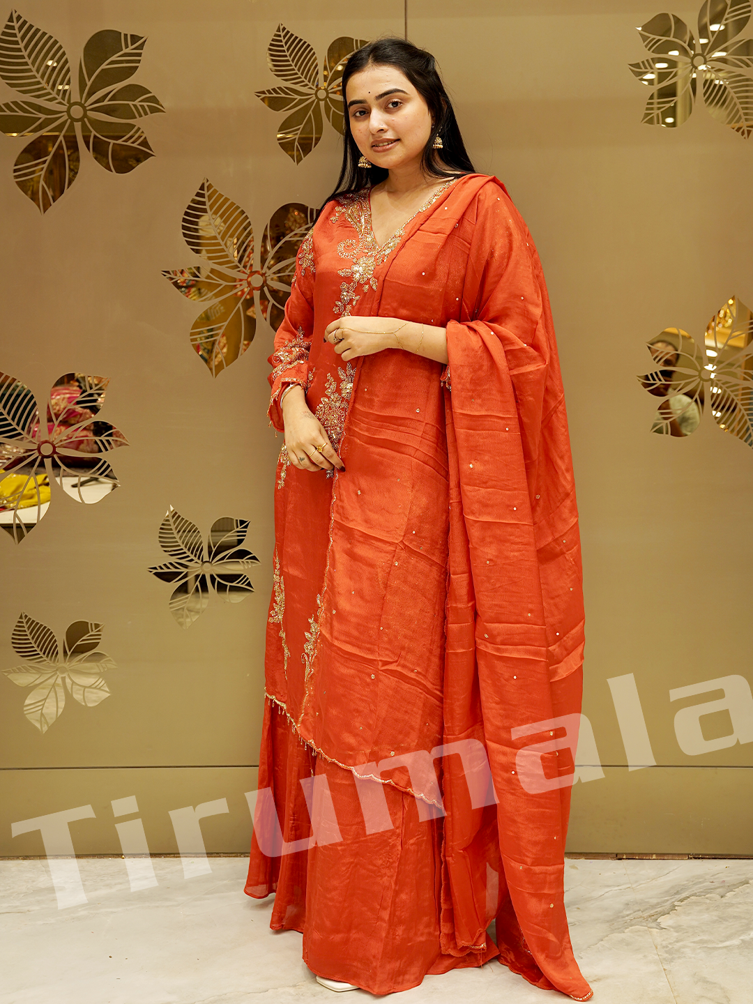 Orange Chinon Crepe Handwork Gharara Suit