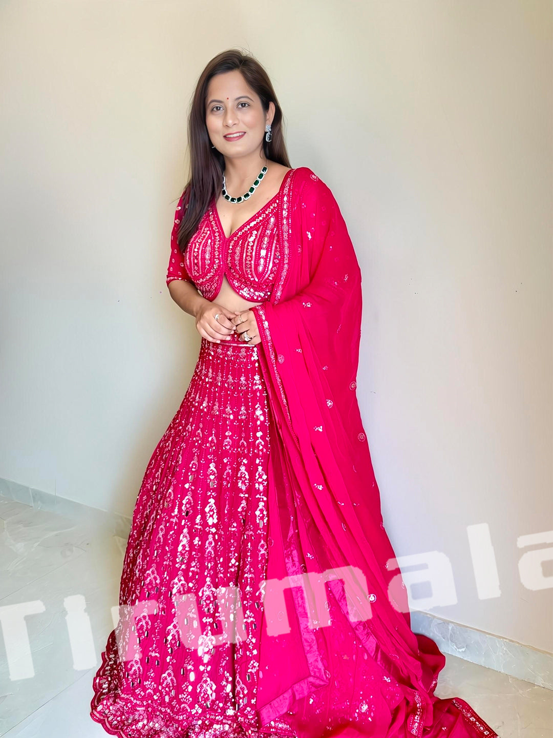 Pink Georgette Lehenga With Mirror & Thread Embroidery