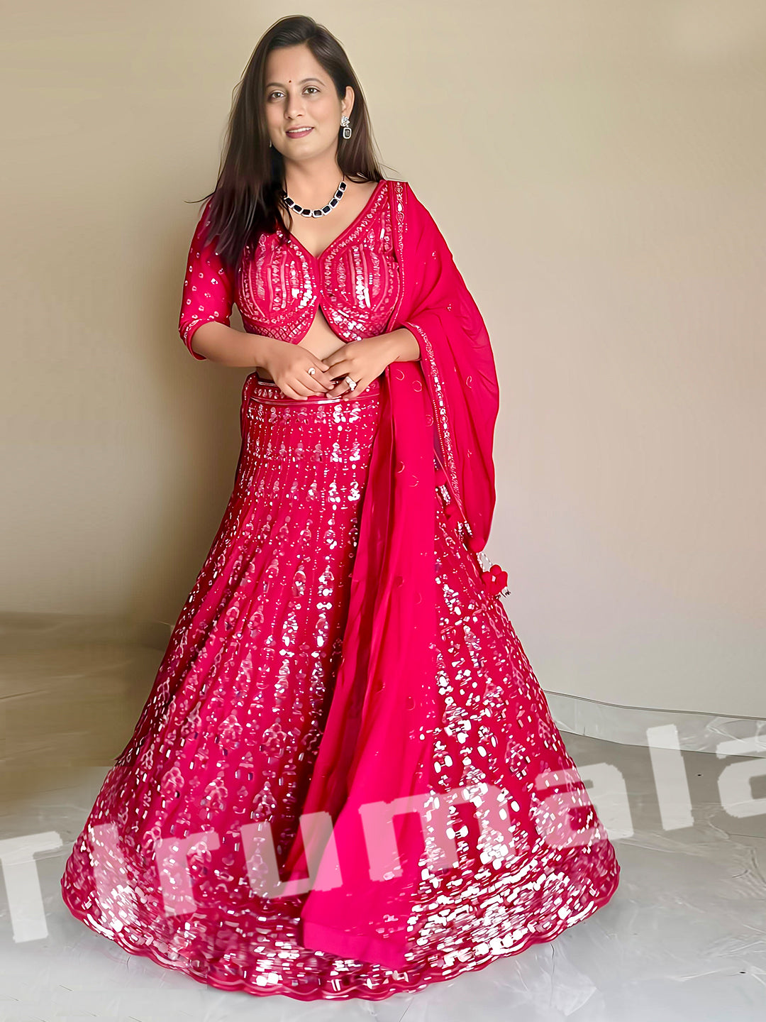 Pink Georgette Lehenga With Mirror & Thread Embroidery