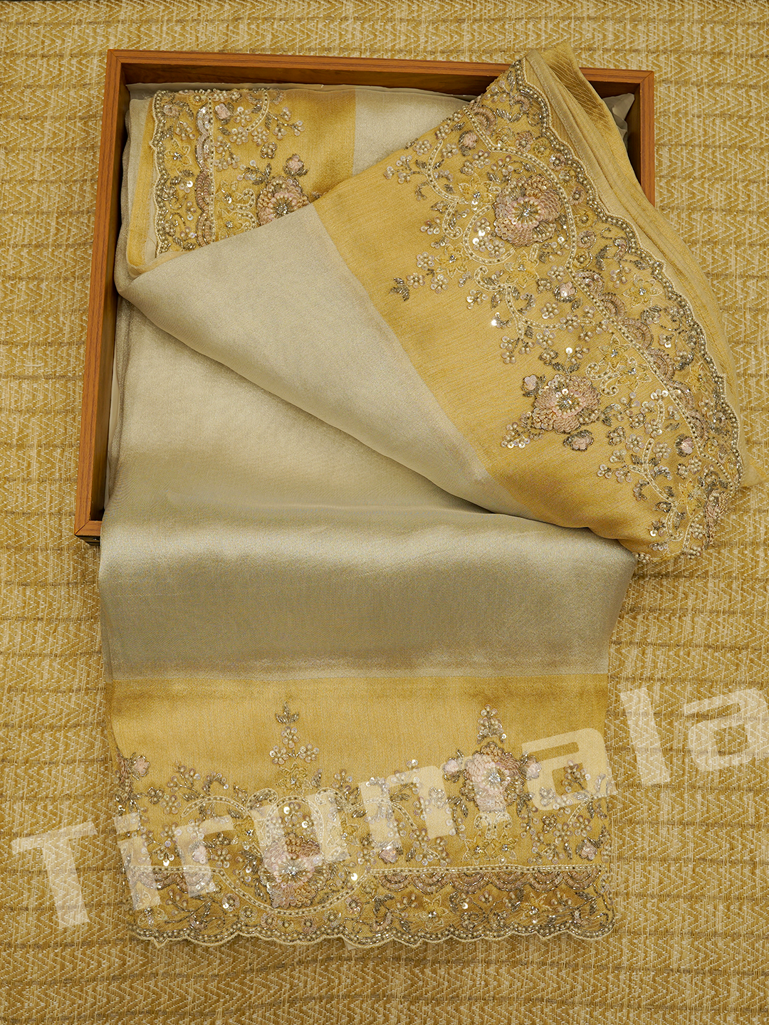Off White & Gold Pure Tissue Zardozi Saree