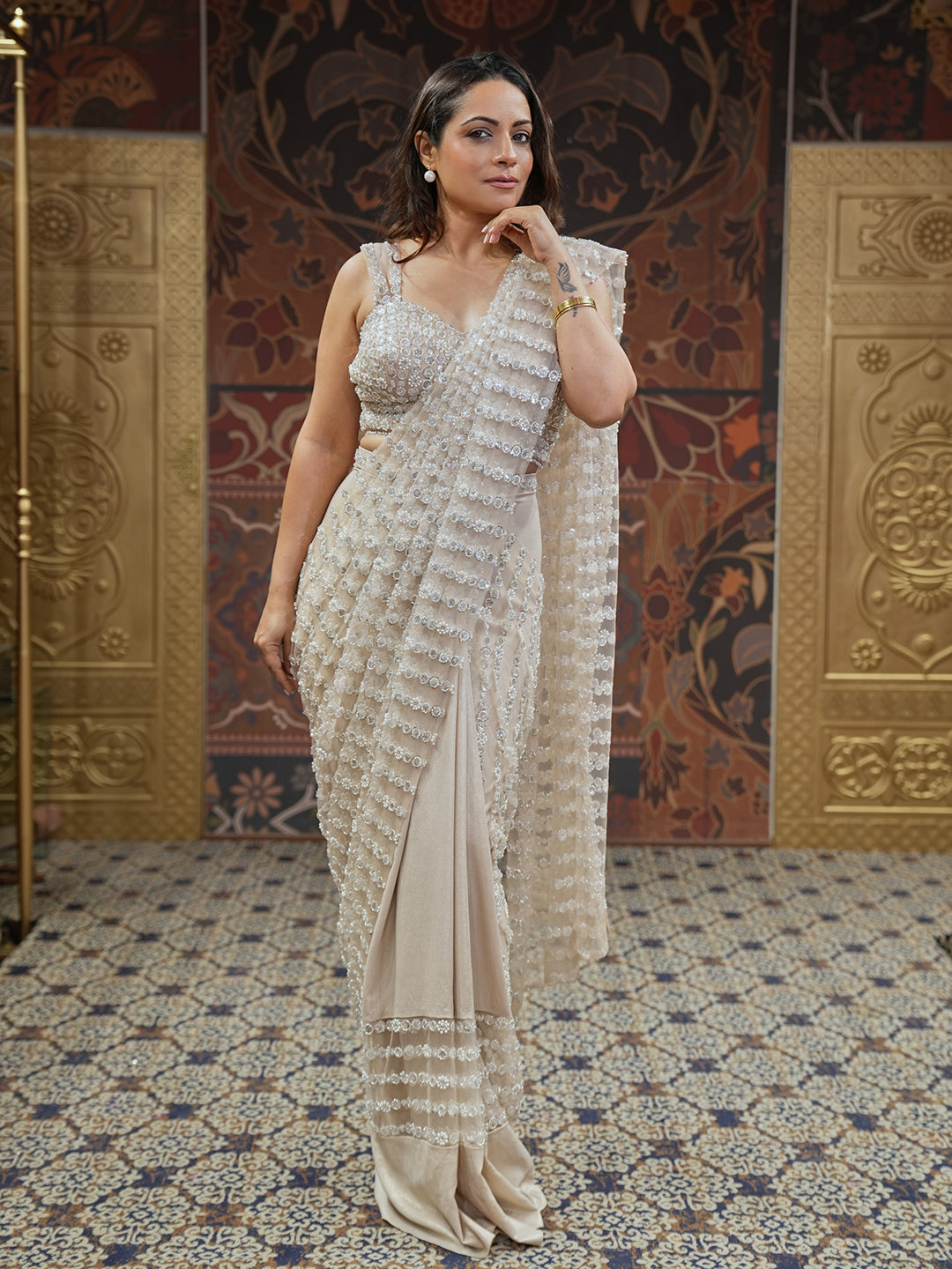 Cream Ready To Wear Saree